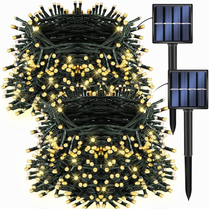 2er-Pack Solar-Weihnachtslichter für den Außenbereich, 300 LEDs, warmweiß, 8 Modi, wasserdichte Solar-Lichterketten für ...