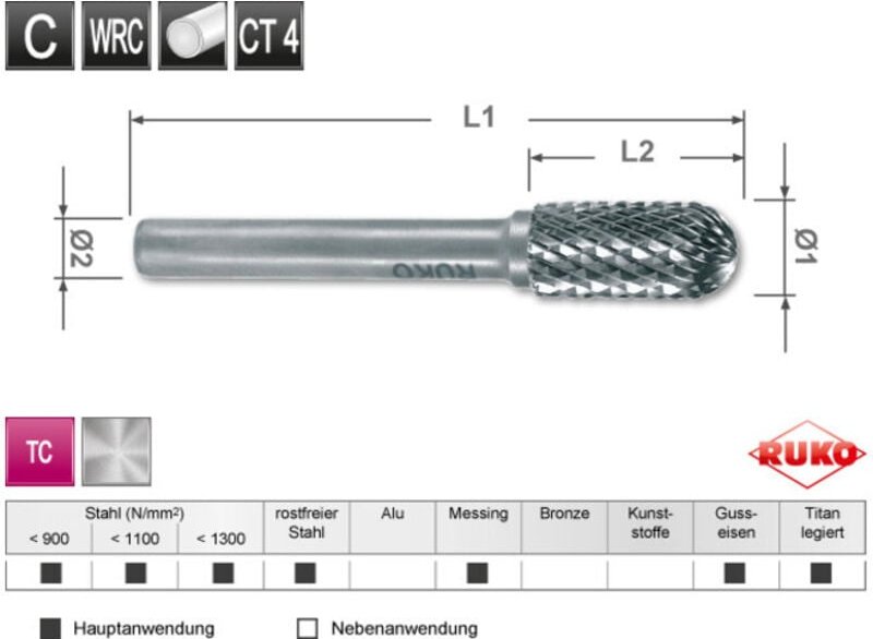 Hartmetall Frässtift Form c Walzenrund (wrc) Durchmesser 10,0 mm L1 min 60 mm - Ruko