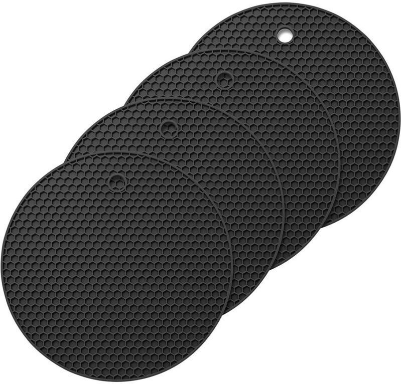 Runde schwarze Silikon-Untersetzer, 4 Stück, rutschfest, hitzebeständig (250 °C), multifunktionale Löffelablage, Küchenu...