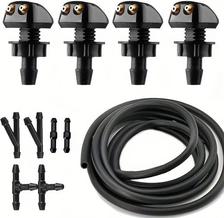Universelle Scheibenwischerdüse für Autos, 78,74 Zoll Schlauch, 6 Anschlüsse, 4 Doppelloch-Wassersprühdüsen