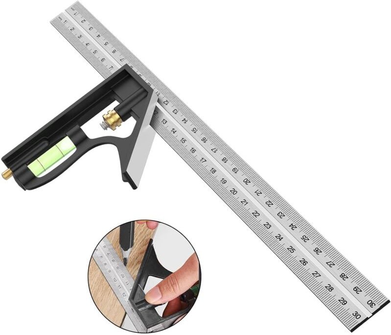 Ersandy - Kombinationswinkel, 12'/300 mm quadratische Tischlerwerkzeuge aus Edelstahl, 45/90-Grad-Lineal mit Wasserwaage...