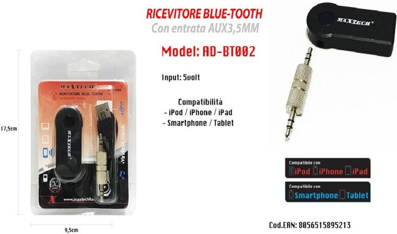 Maxtech - Trade Shop - 3,5-mm-Buchsenadapter-Empfänger, Freisprecheinrichtung, Bluetooth, Stereo-Audio AD-BT002 -