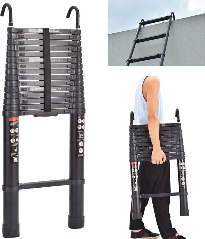 Aluminium-Teleskopleiter mit Haken 6.2m 15 Stufen Teleskop gerade Leiter Platzsparende En 131 Zertifikat Maximale Last 1...