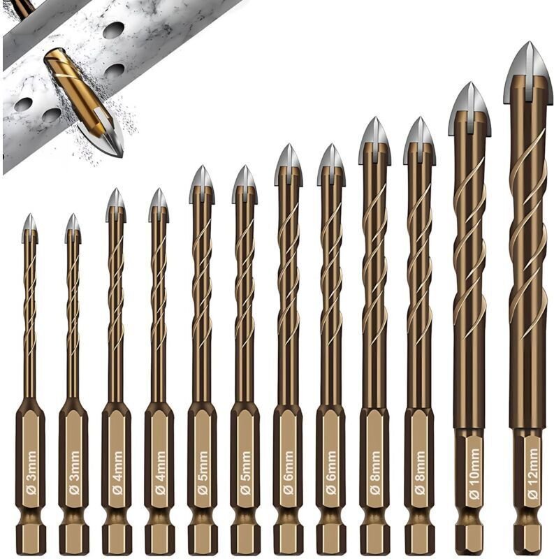 12-teiliges Fliesenbohrer-Set, Diamant-Fliesenbohrer Ø 3–12 mm, Sechskant-Fliesenbohrer, für Glas, Metall, Ziegel, Kunst...