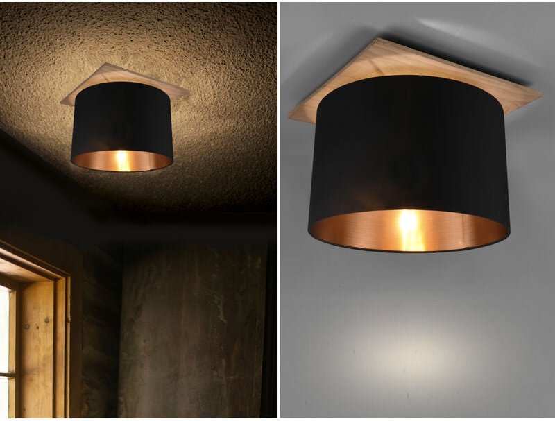 Meinewunschleuchte - Deckenleuchte mit Stoff Lampenschirm in Schwarz/Gold und Holz Sockel, ø 40cm