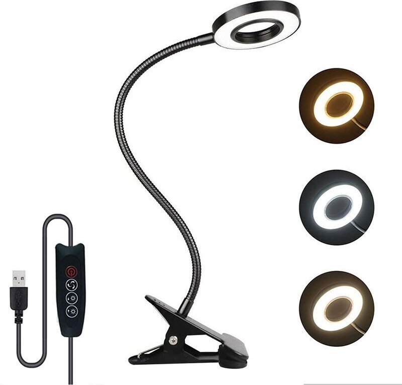 W USB-Schreibtischlampe, 3 Farben und 10 Helligkeitsstufen einstellbar, 350° flexibel, 48 LEDs, Bettklemmlampe, Leselamp...