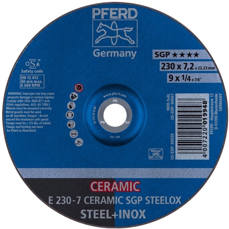 FP - pferd Schruppscheibe e 230x7,2x22,23 mm ceramic Leistungslinie sg steelox für Stahl/Edelstahl