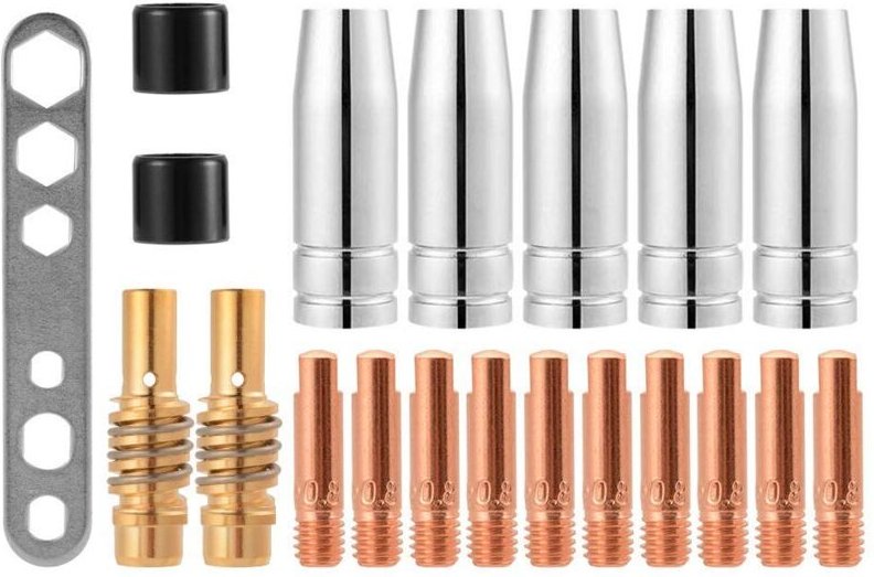 Beijiyi - 20 Stück Schweißdüsen-Kontaktspitzen 15AK MIG/MAG-Gas-Anschlusshalter-Set M6 0,8 x 25 mm (10 x Kontakt, 5 x Dü...