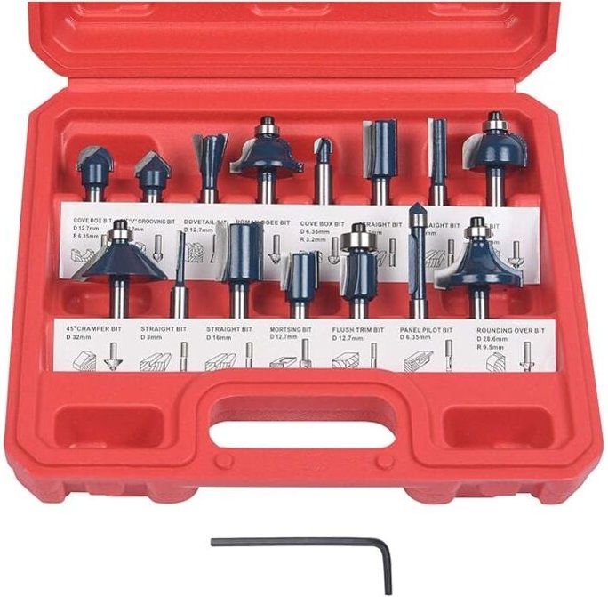 Thumbnail - Fräser-Set, 6.35MM Fräsen Werkzeug Set, 15-tlg Holzkoffer Geschmiedeter Werkzeugstahl Oberfräser, Bündigfräser, Holzschn...