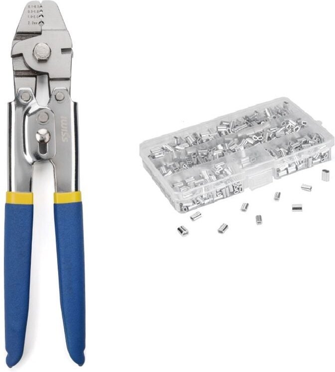 Crimpzange für Drahtseile bis 2,2 mm mit 600 Stück Aluminium-Doppel-Crimphülsen in 3 Größen