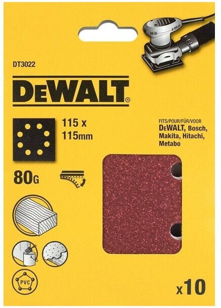 Schleifpapier - Korn 80 - 115 x 115 mm - 10 Stück - DT3022 - Dewalt