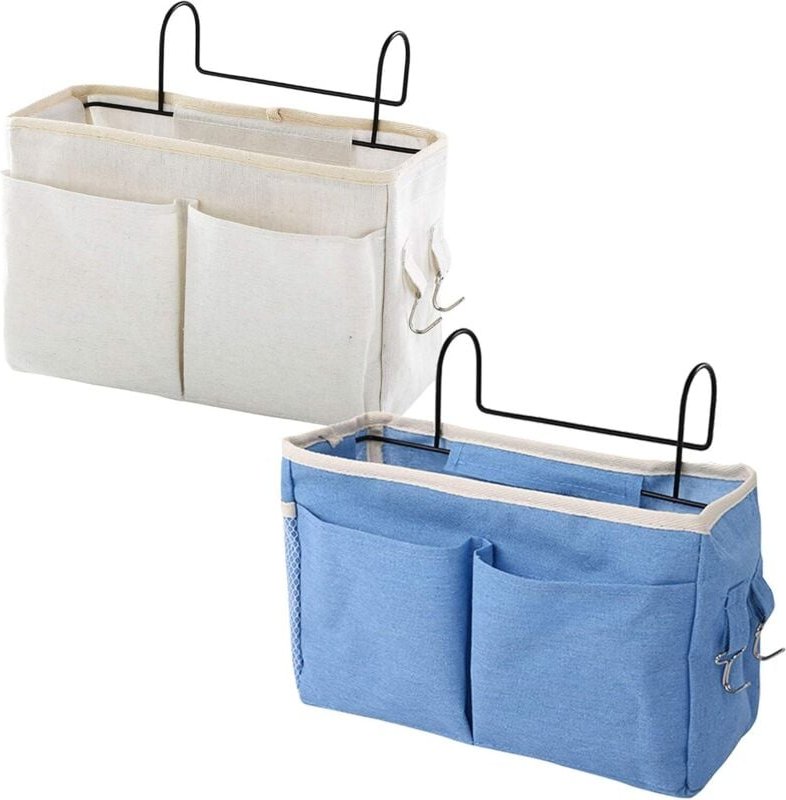 Loft Bed Storage Bedside Hanging Storage Bag, 2pcs White/Blue Bedside Hanging Bedside Basket Bedside Organizer Hanging B...