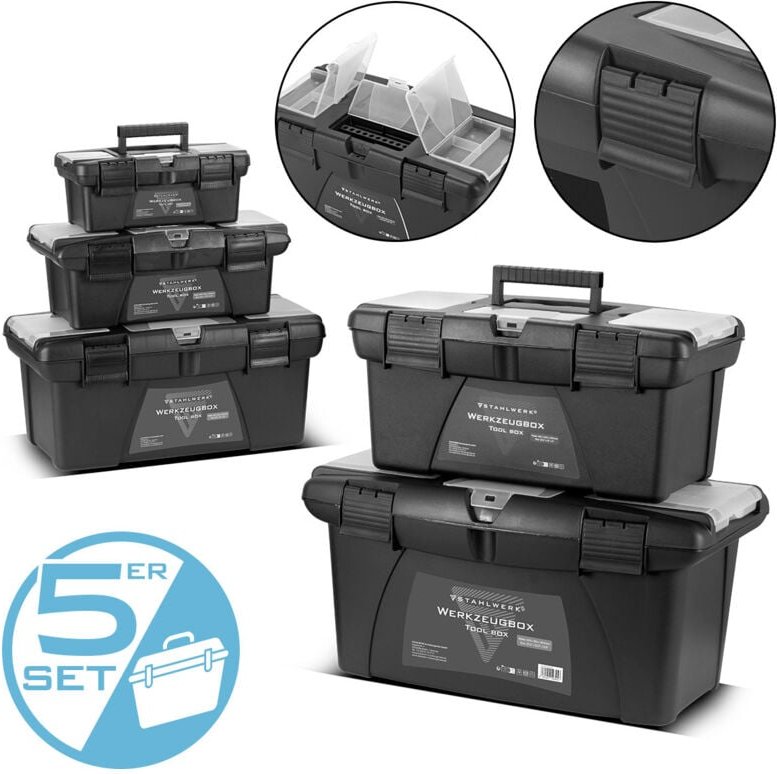 Toolbox Set mit 5 leeren Werkzeugkisten Modul-System Werkzeugkasten - Stahlwerk