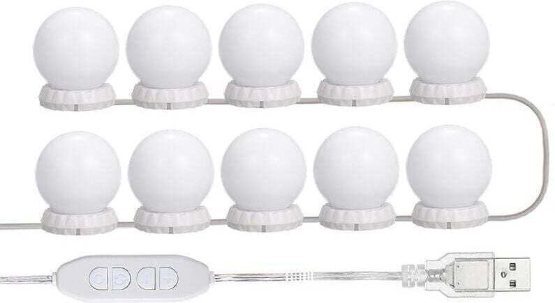 LED-Tischspiegel-Lichtset mit 10 einstellbaren Glühbirnen, 10 Helligkeits- und 3 Beleuchtungsmodi, USB-Typ, Weiß - Weiß