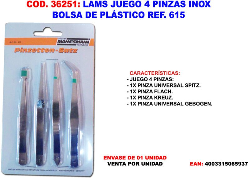 Thumbnail - Brüder Mannesmann - m 615 Pinzetten-Set 4teilig Hackenspitze, Spitz, Trapez, Flach-rund 110 mm