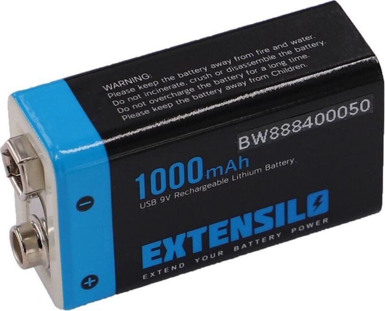Extensilo - 9V-Akku Block für diverse Geräte (1000mAh, 9V, Li-Ion), ready-to-use, mit Micro usb Buchse