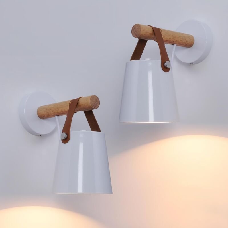 2 Stück Innenwandleuchte E27 Massivholz-Metall-Wandlampe, Massivholz-Gürtel-Wandlampe, kreative weiße skandinavische mod...