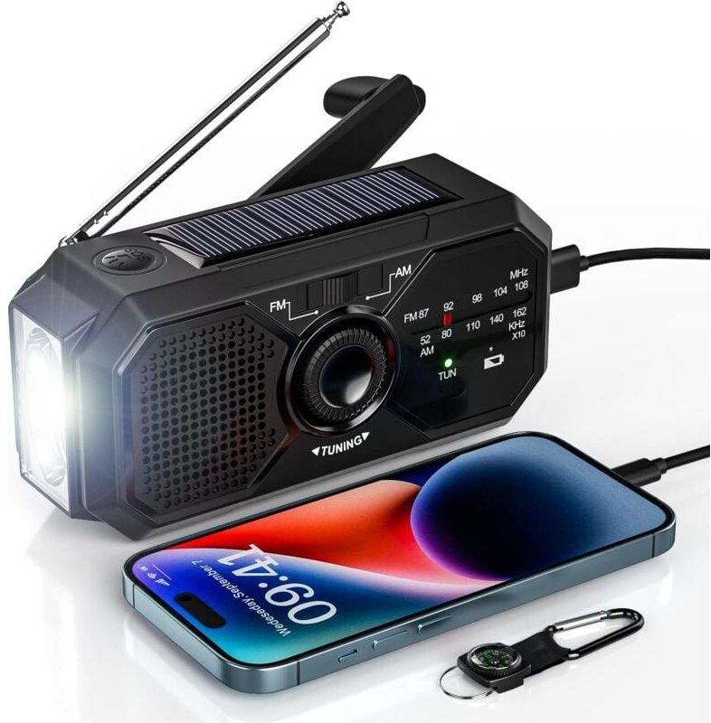 Tragbares Radio, Handkurbel, Solarradio, Survival, am/fm, Dynamoradio, usb-c, 2500 mAh, wiederaufladbar, mit LED-Taschen...