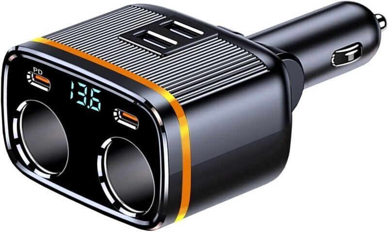 145-W-Mehrfachsteckdosen-Auto-Zigarettenanzünderadapter mit USB-C- und Dual-USB+PD-Ladegerät, LED-Voltmeter und 12-V-/24...