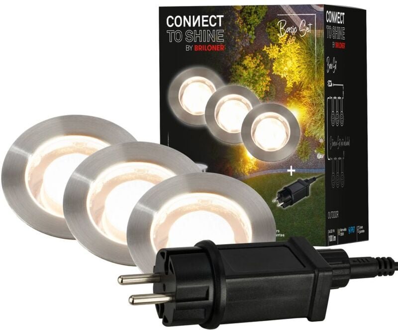 Briloner - connect to shine Starterset Padouk mit 3er Set led Bodeneinbaustrahler, IP67