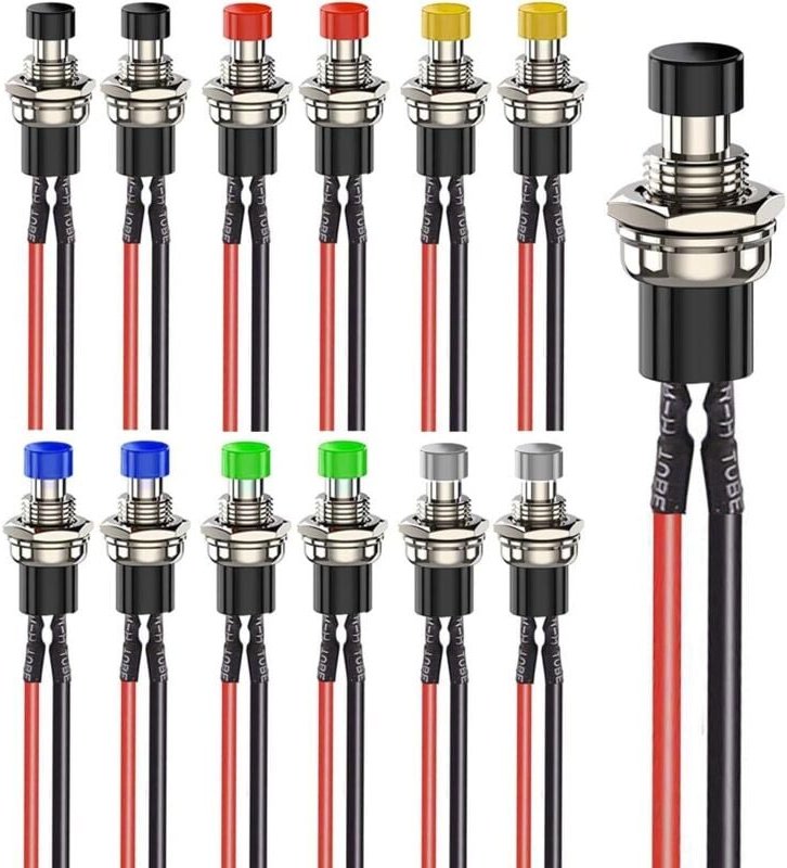12 Stück 7 mm vorverdrahteter Mini-Druckschalter mit Momentanbetrieb, 3 V-6 V-12 V-24 V-230 V/1 A, normal offen, SPST, E...
