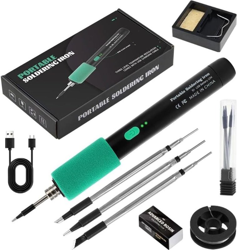 Kabelloses Lötkolben-Set mit USB-Akku mit 3 einstellbaren Temperaturen von 260 °C bis 450 °C, 3 Lötspitzen, Lötkolbenstä...