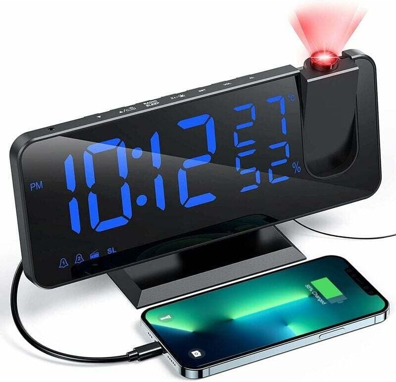 Projektor-Wecker mit Radio, Digitaluhr, USB-Radiowecker mit Dual-Alarm und 7 LED-Spiegelbildschirm (blaues Wort)