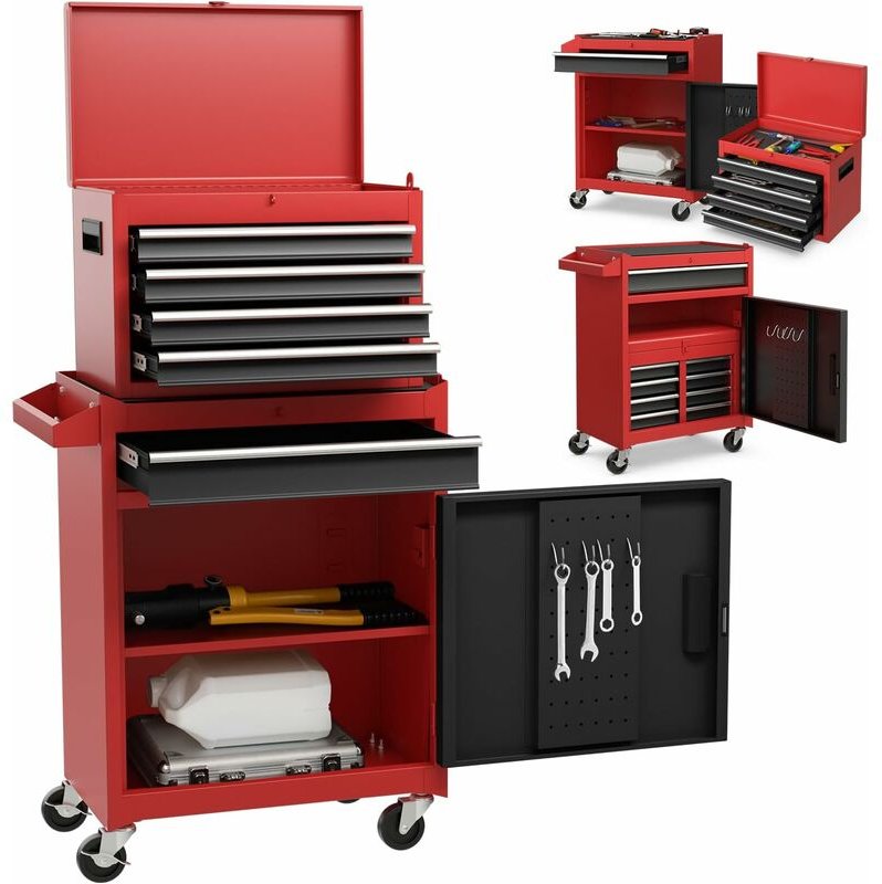 2 in 1 Werkzeugschrank aus Metall, kombinierter Rollschrank mit tragbarem Werkzeugkasten, mobiler Werkstattwagen mit 5 S...