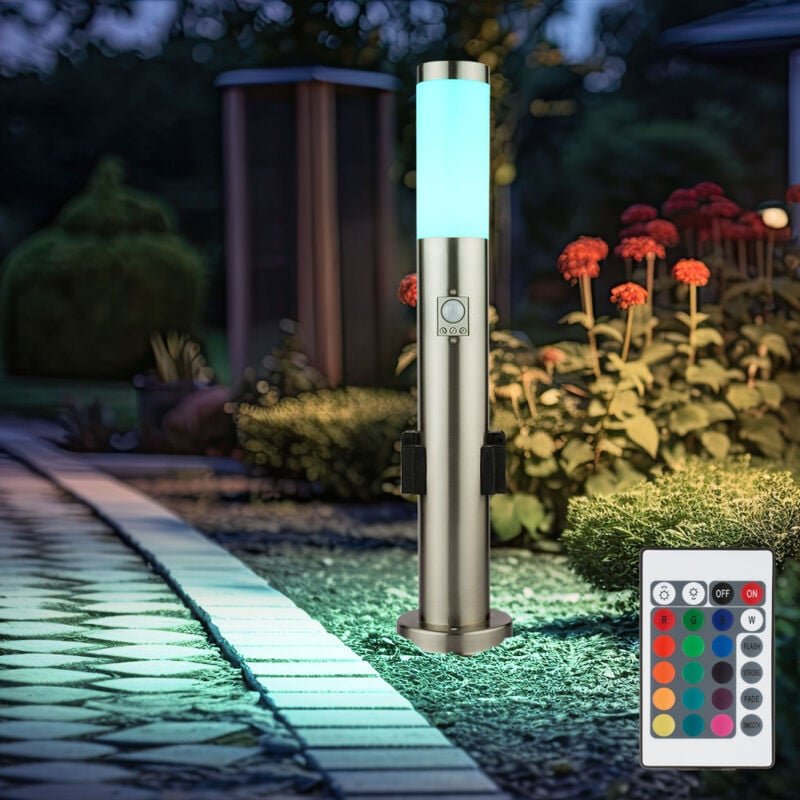 Thumbnail - Stehlampe Garten dimmbar mit Fernbedienung Steckdosen Wegleuchte Außen mit Bewegungsmelder Sockelleuchte, Edelstahl, rgb...