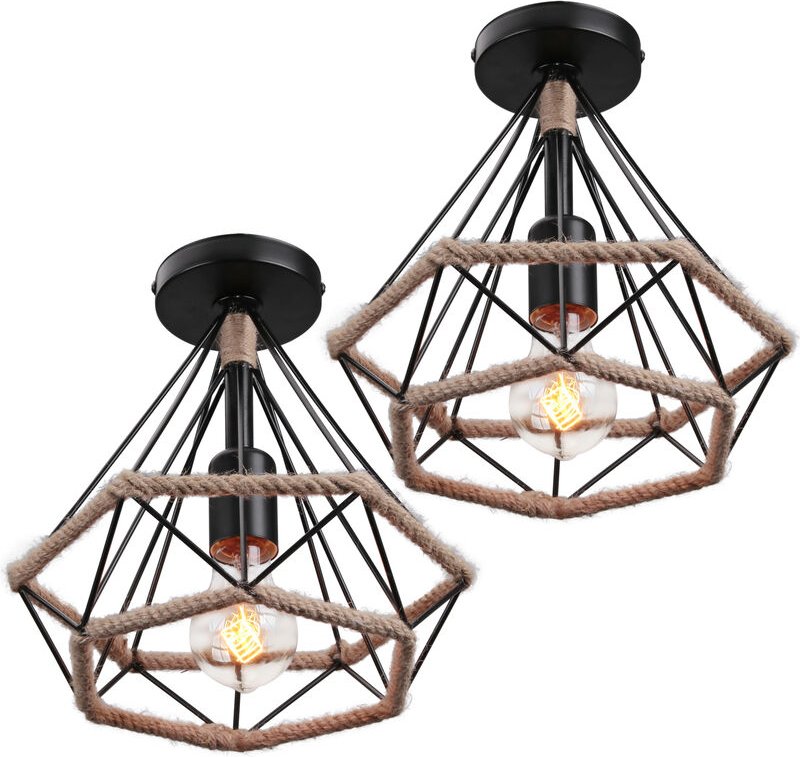 2er Pendelleuchte Hanf Seil, Kronleuchter im Ø25cm Diamant-form, Retro ndustrielle Hängelampe mit Käfig für Wohnzimmer E...