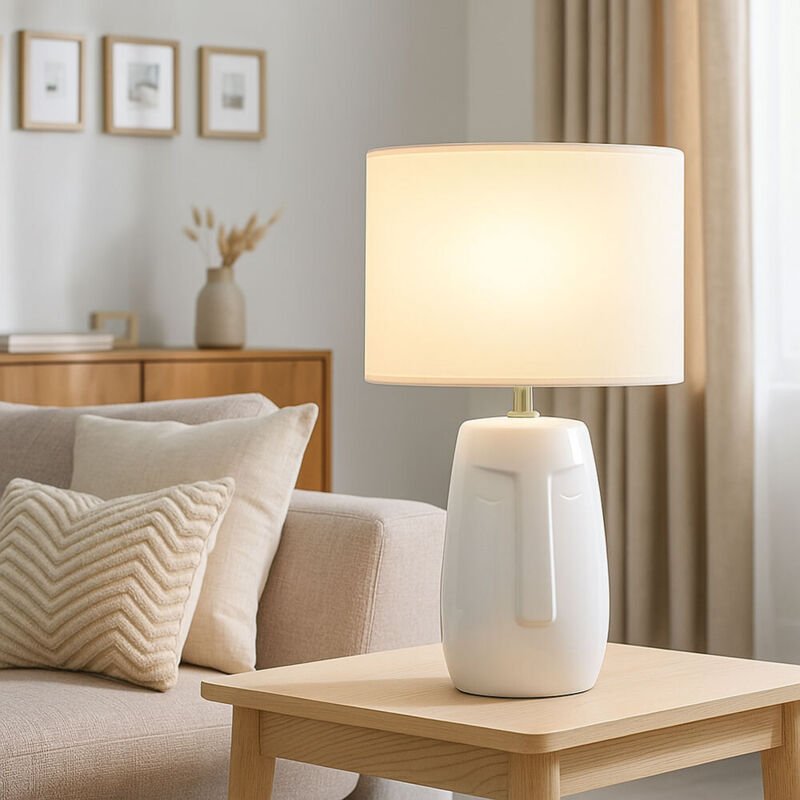 Fischer&honsel - Tischleuchte face Weiß mit Keramikfuß & Stoffschirm, Höhe 36,5cm