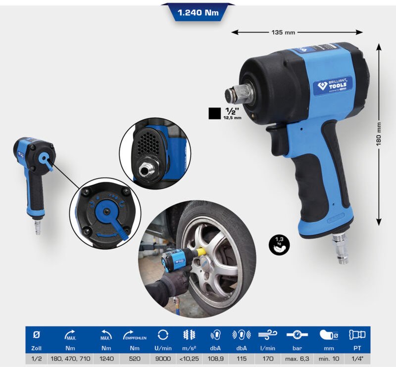 Brilliant Tools - 1/2 Mini-Druckluft-Schlagschrauber, 1.240 Nm
