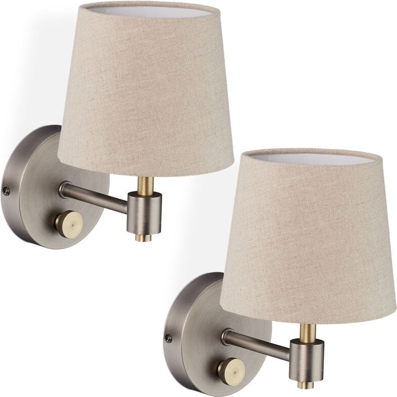Relaxdays Wandlampe Vintage, 2er Set, dimmbar, Wandstrahler Schalter, Stoffschirm, E14, HBT: 23x15x21 cm, beige/silber