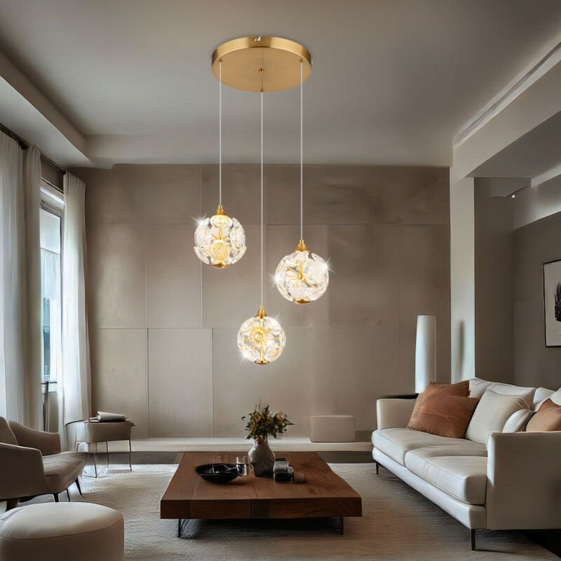 Pendellampe Esstischleuchte Hängelampe Wohnzimmerleuchte Deckenlampe, Metall Kristalle gold, 3 Flammig LED 24W 2000Lm 30...