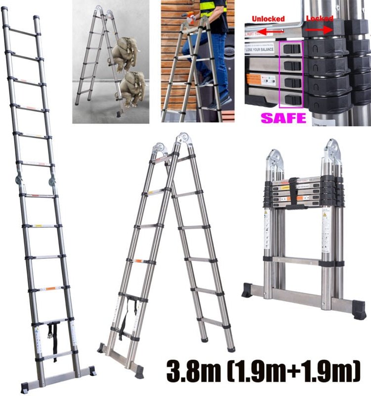 3,8m(1,9+1,9) Teleskopleiter Ausziehleiter Edelstahlleiter A-förmige Klappleiter
