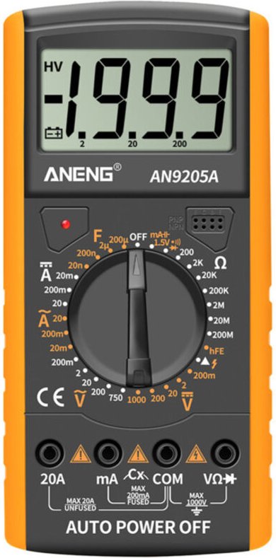 Multimetro digitale LCD 3,5" 1999 conteggi, selezione manuale portata, misura CA/CC/resistenza/capacità/transistor, retr...