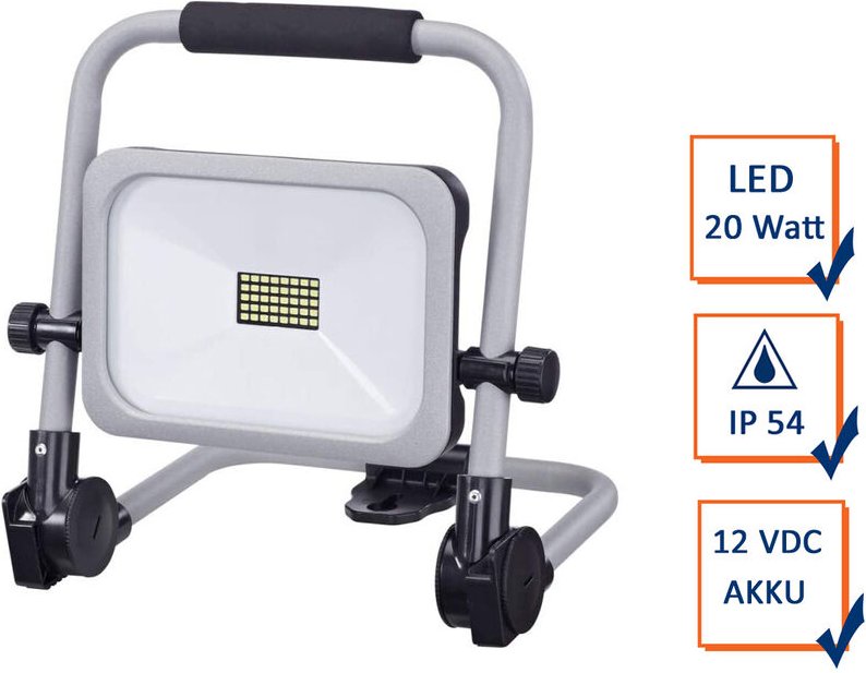 Led Baustrahler 20Watt tragbar, Akku & Netzteil 3 Stufen, klappbare Arbeitslampe