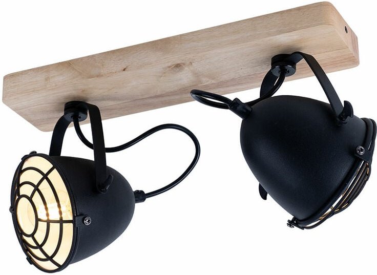 Deckenlampe Spotleuchte Wohnzimmerlampe Deckenleuchte Esszimmerlampe, Metall schwarz Gitter Holz natur, 2 Flammig E14 Sp...