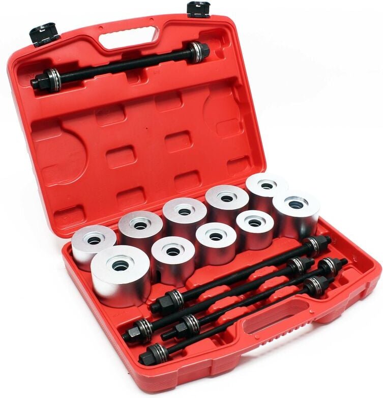 Silentlager Abzieher Satz 27 teilig, Ausdrücker für Achslager, Werkzeug für Silentlager mit 22 Hülsen M10-M18 und 5 Spin...