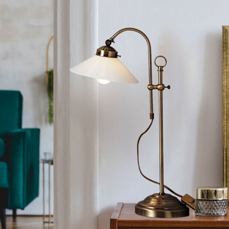 Nachttischleuchte Antik Retro Leselampe led Tischleuchte Schlafzimmerlampe höhenverstellbar, Metall altmessing Glas opal...