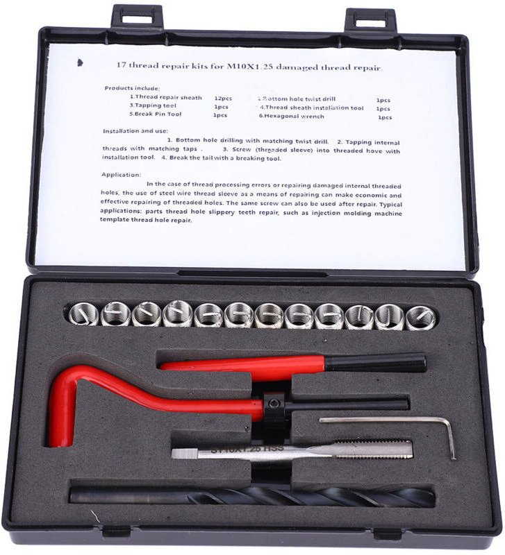 17-teiliges Gewindereparaturset, M10 x 1,25, Edelstahl, Gewindebohrer-Set zum Nachschneiden von Innengewinden mumu