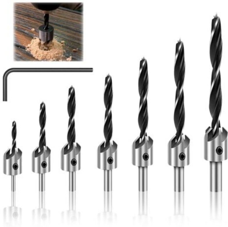 7-teiliges Holzbohrer-Set mit Tiefenanschlag 3、4、5、6、7、8、10mm, Bohrerset für Holzarbeiten, konisch mit Tiefenanschlag