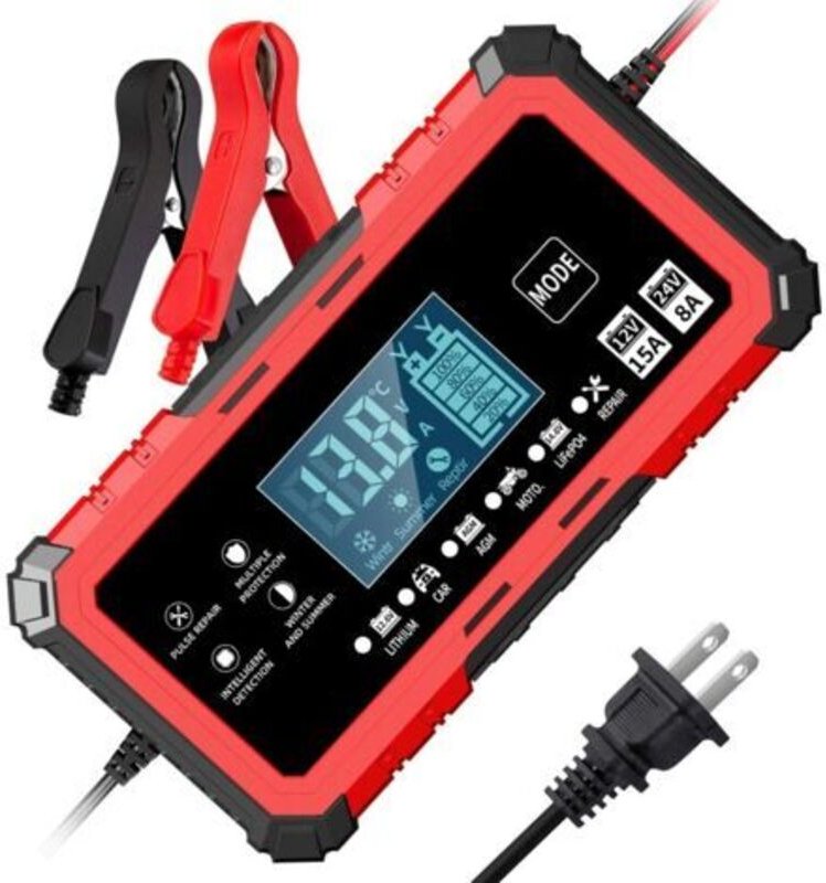 12V 15A / 24V 8A Rotes Impulsladegerät, 12V 15A / 24V 8A Lithium-Eisenphosphat-Akkuladegerät für Motorräder und Autos