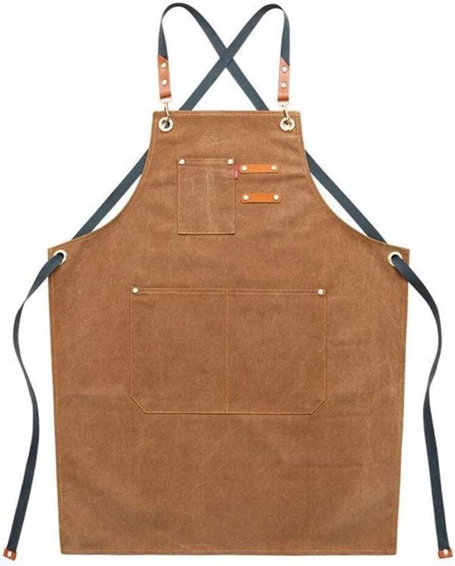 Herren-Arbeitsschürzen aus Segeltuch mit Taschen, verstellbarem Riemen und großen Taschen, Küchenschürze, Braun