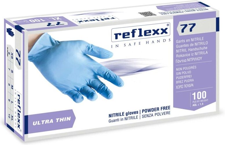 R77100 Nitrilhandschuhe ohne Puder, 100 % latexfrei, 3 g, Kat.3, 100 Stück, xs - Reflexx