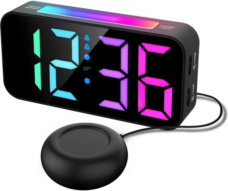 Lauter Wecker mit Vibration, Lauter Wecker für Tiefschläfer, Extra lauter Bettschüttler mit RGB-Nachtlicht, Digitaluhr m...
