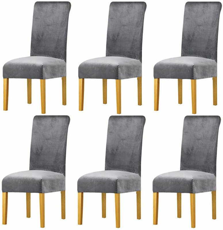 6-teiliges Set Samt-Stuhlhussen, graue Stuhlschoner, dehnbare Esszimmerstuhlhussen