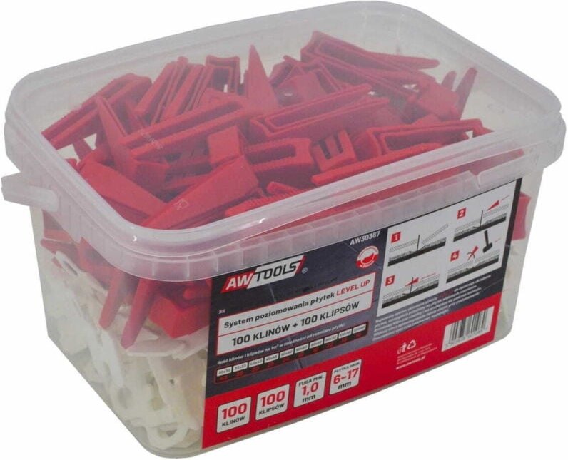 Thumbnail - AWTOOLS LEVEL UP FLIESENNIVELLIERSYSTEM 1,0 mm – 6–17 mm – CLIP 100 Stück + KEIL 100 Stück