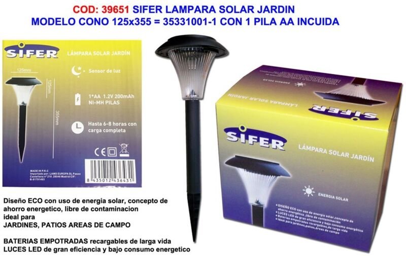 Sifer Beacon Solar-Gartenlampe 125 x 125 x 355 mit 2 AA-Batterien