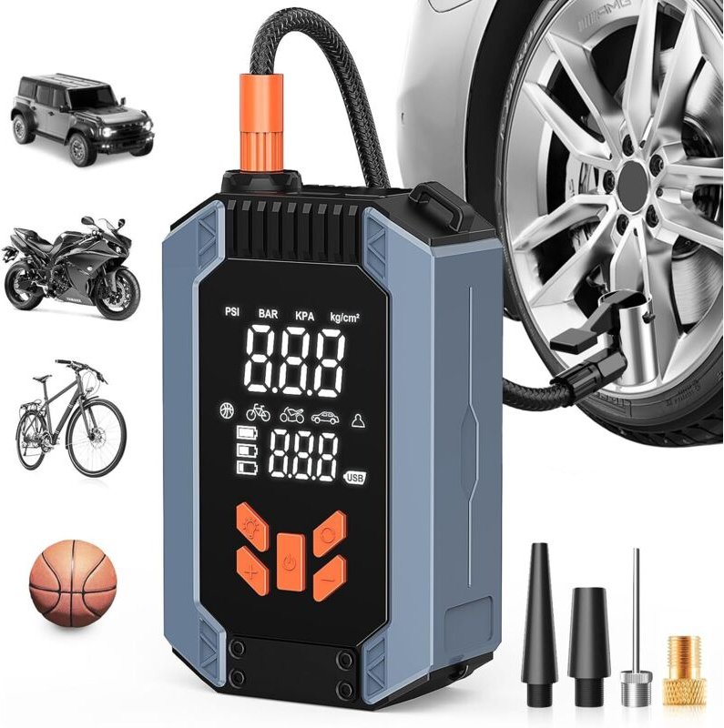 4-Modus-Kompressor 150 PSI, LCD-Bildschirm + USB-C, tragbar, Auto/Motorrad/Fahrrad/Ballon.